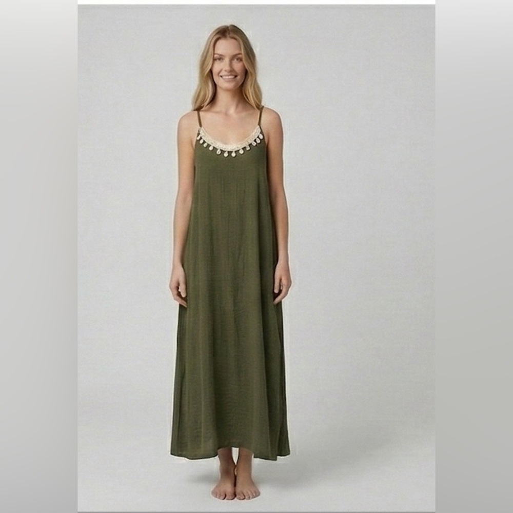LAST ONE 🔥 Boho Shell-Trimmed Maxi Slip Dress Green